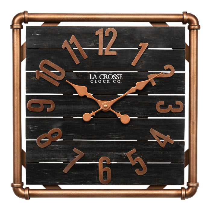 Head-on image of the 404-3412D 16-inch Foundry Metal & Wood Wall Clock - Dark. The clock features a square metal pipe frame in a copper finish, a black-stained wood slat clock face with copper-finished metal numbers and hands.