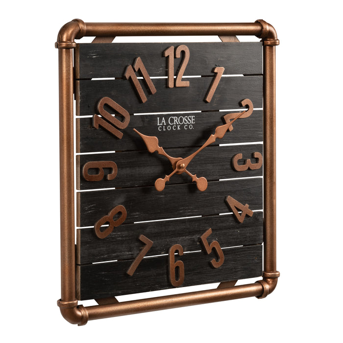Right-facing image of the 404-3412D 16-inch Foundry Metal & Wood Wall Clock - Dark. The clock features a square metal pipe frame in a copper finish, a black-stained wood slat clock face with copper-finished metal numbers and hands.