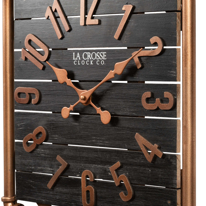 Close-up frame image of the 404-3412D 16-inch Foundry Metal & Wood Wall Clock - Dark. The clock features a square metal pipe frame, stained wood slats, and metal pewter finish accents.