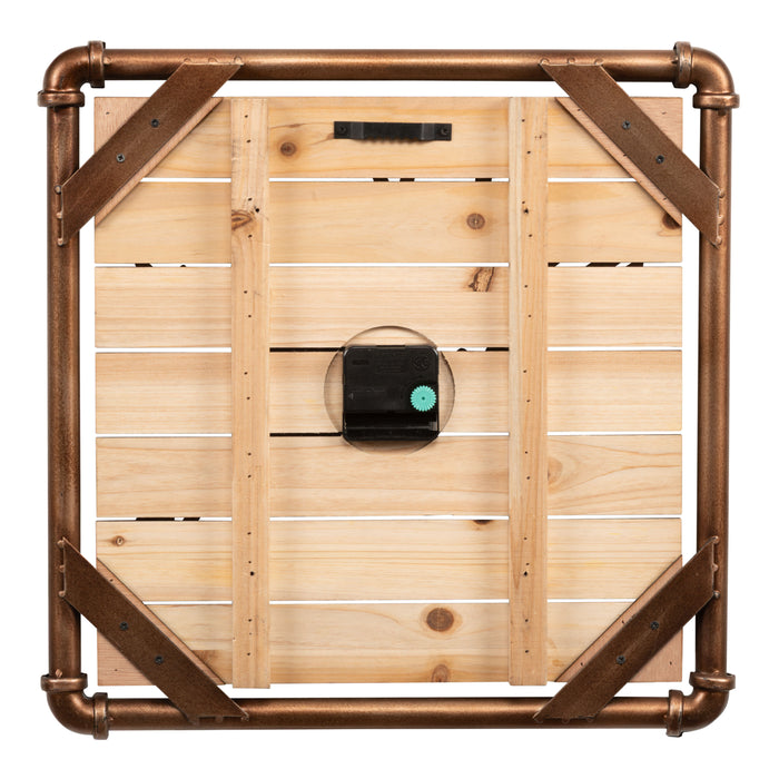 Back image of the 404-3412D 16-inch Foundry Metal & Wood Wall Clock - Dark, showing the wood slats, the pipework, the battery compartment, the quartz movement, and the metal sawtooth hanger in a square frame.