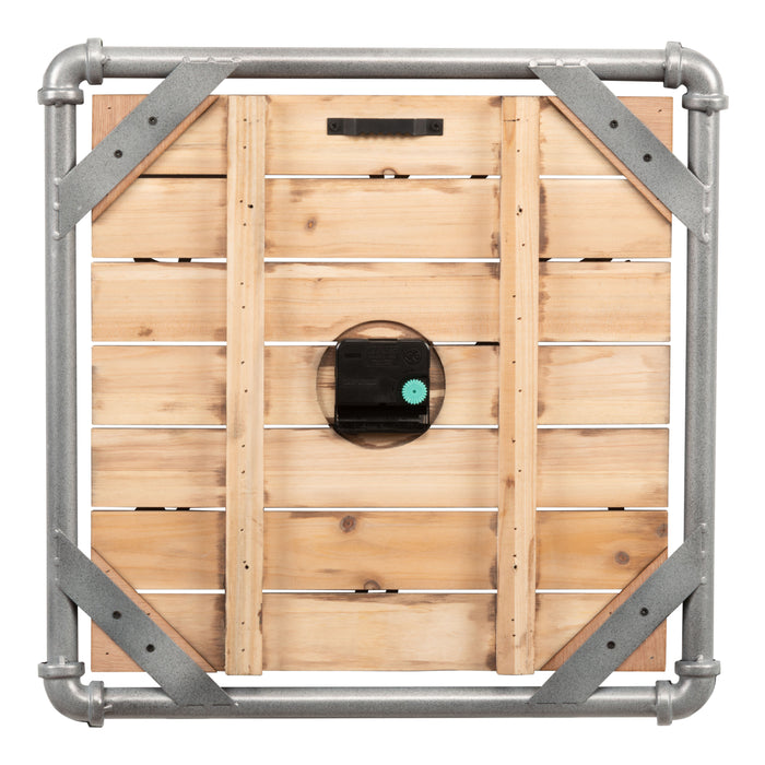 Back image of the 404-3412L 16-inch Foundry Metal & Wood Wall Clock - Light, showing the wood slats, the pipework, the battery compartment, the quartz movement, and the metal sawtooth hanger in a square frame.