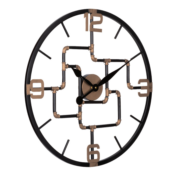 Right-facing image of the 404-3420 20-inch Pipeworks Metal Wall Clock featuring an open face dial with a weathered bronze and antique brass finish pipe framework, black decorative metal hour and minute hands, and antique brass numbers at 3, 6, 9, and 12.