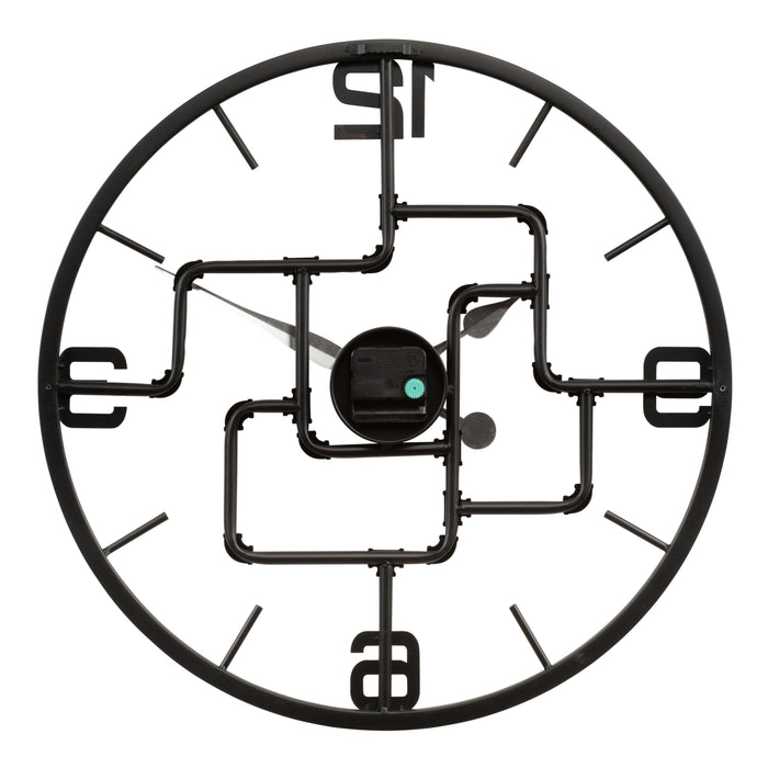 Back image of the 404-3420 20-inch Pipeworks Metal Wall Clock showing the battery compartment, the quartz movement, and the hanging hole.