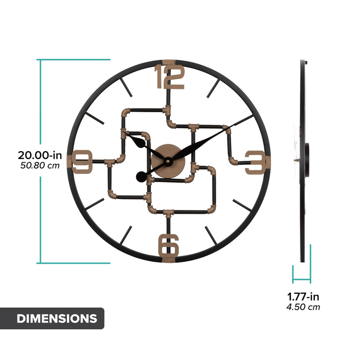 Orthographic dimension image (inches and centimeters) for 404-3420 20-inch Pipeworks Metal Wall Clock featuring an open face dial with a weathered bronze and antique brass finish pipe framework, black decorative metal hour and minute hands, and antique brass numbers at 3, 6, 9, and 12. Text lists 20.00 inches in diameter and 1.77 inches deep.