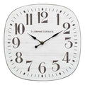 Head on image of the 404-3428 11-inch Sylvie square MDF open face wall clock featuring a faux whitewash wood dial black numbers and metal hands