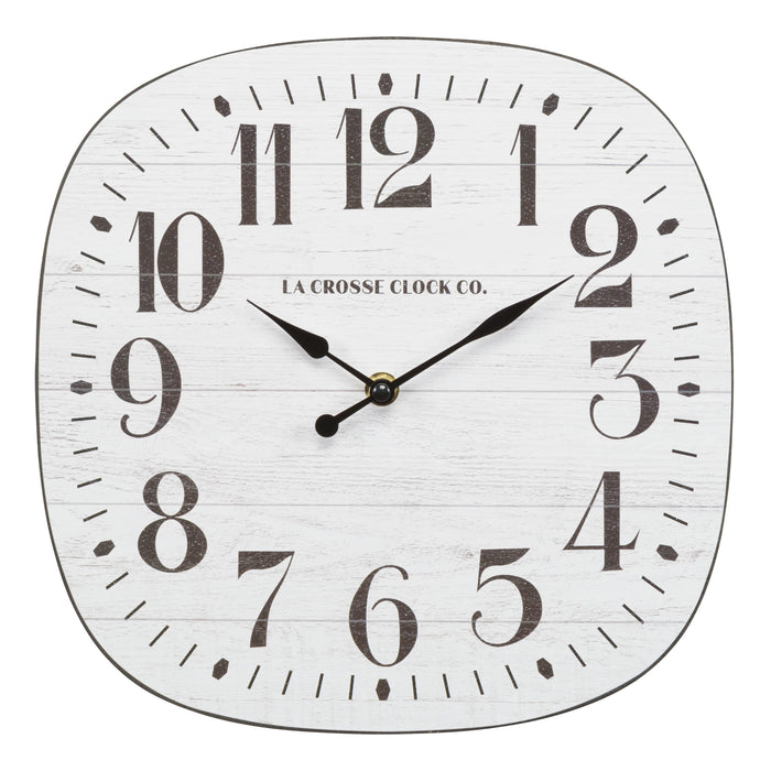 Head on image of the 404-3428 11-inch Sylvie square MDF open face wall clock featuring a faux whitewash wood dial black numbers and metal hands