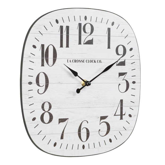 Right facing image of the  404-3428 11-inch Sylvie square MDF open face wall clock featuring a faux whitewash wood dial black numbers and metal hands