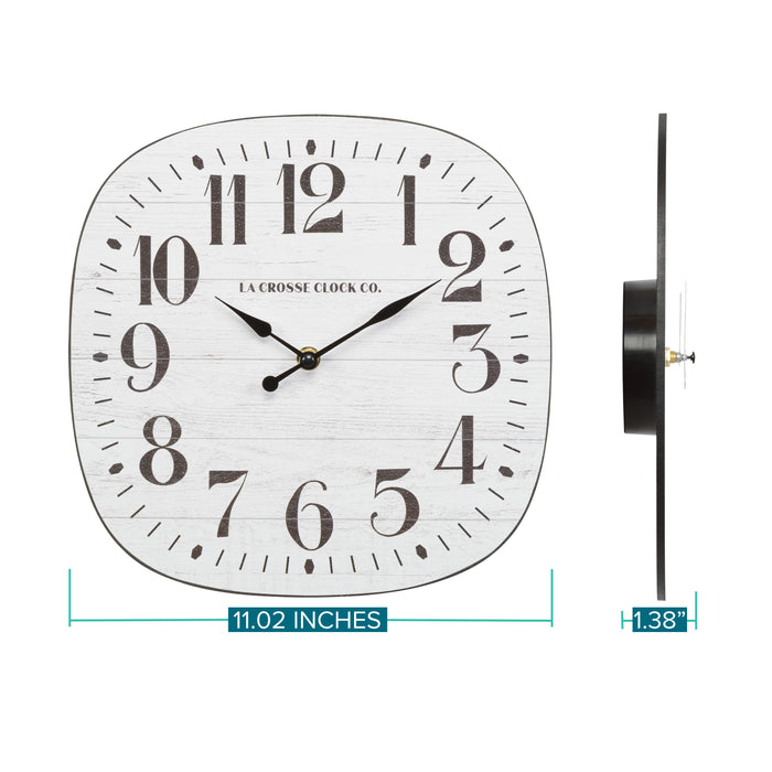 Dimensions of the 404-3428 11-inch Sylvie square MDF open face wall clock featuring a faux whitewash wood dial black numbers and metal hands showing a head on and side view of the clock