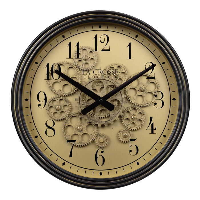 Head-on image of the 404-3439 15-inch Moving Gears Wall Clock featuring a metal oil-rubbed antique frame, distressed brushed dial with moving gears, and black numbers and hands.