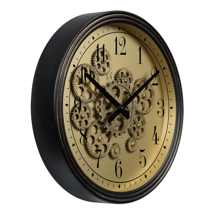 Right-facing image of the 404-3439 15-inch Moving Gears Wall Clock featuring a metal oil-rubbed antique frame, distressed brushed dial with moving gears, and black numbers and hands.