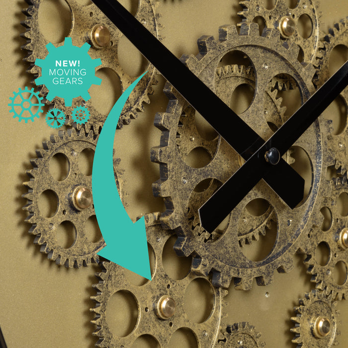 Close up image of the image of the 404-3439 15-inch Moving Gears Wall Clock showing the detail of the moving gears with graphic text calling out the moving gears and an arrow.