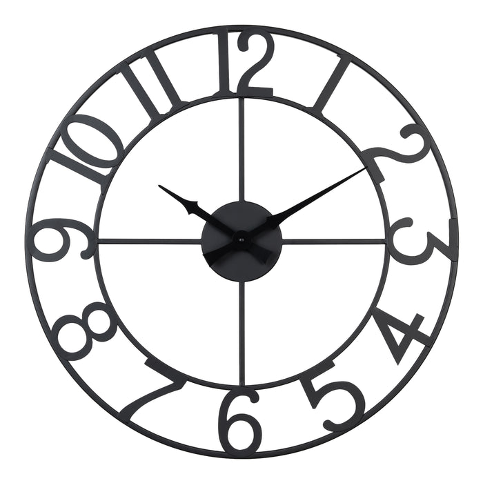Head-on image of the 404-3451A 20-inch Metal Tower Wall Clock - Arabic. This skeleton tower clock features Arabic numbers, hour and minute hands all constructed in metal.