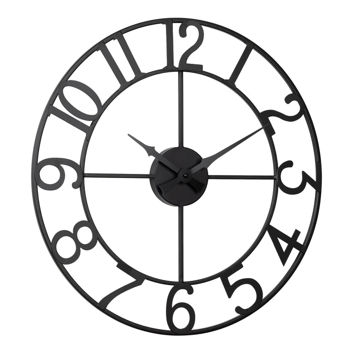 Right-facing image of the 404-3451A 20-inch Metal Tower Wall Clock - Arabic. This skeleton tower clock features Arabic numbers, hour and minute hands all constructed in metal.