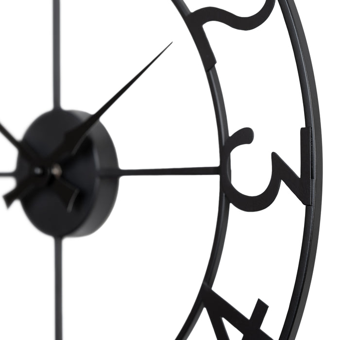 Close-up of the frame of the 404-3451A 20-inch Metal Tower Wall Clock - Arabic. This skeleton tower clock features Arabic numbers, hour and minute hands all constructed in metal.