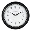 Black and white head-on image of the 404-3624B 9.5-inch Diner Wall Clock featuring a black frame with chrome bezel accent, an off-white dial with black numbers and hour dots, a silver second hand, and black hour and minute hands.