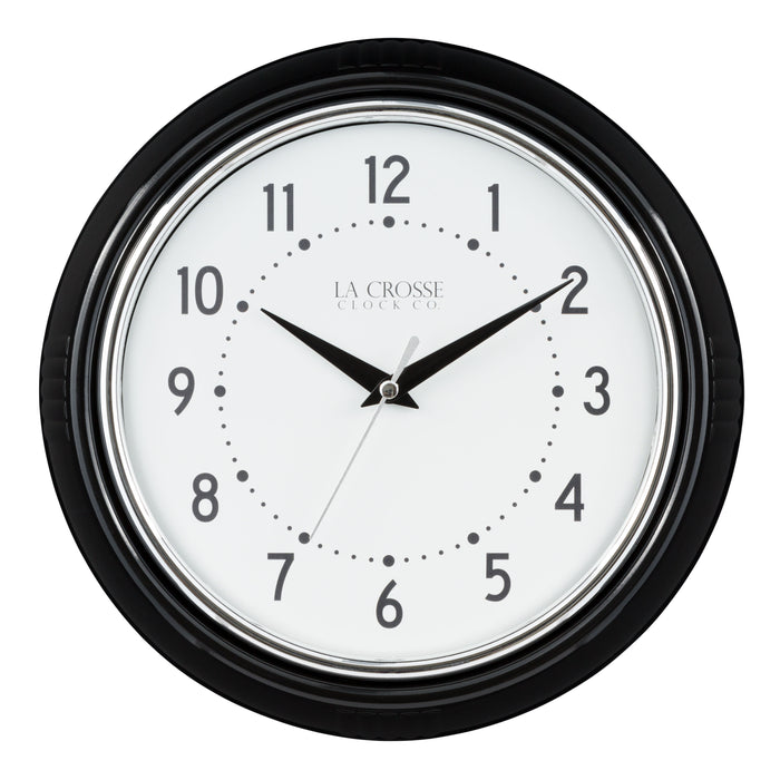 Black and white head-on image of the 404-3624B 9.5-inch Diner Wall Clock featuring a black frame with chrome bezel accent, an off-white dial with black numbers and hour dots, a silver second hand, and black hour and minute hands.