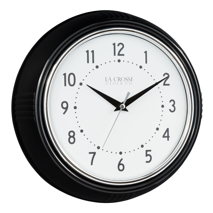 Right-facing image of the 404-3624B 9.5-inch Diner Wall Clock featuring a black frame with chrome bezel accent, an off-white dial with black numbers and hour dots, a silver second hand, and black hour and minute hands.