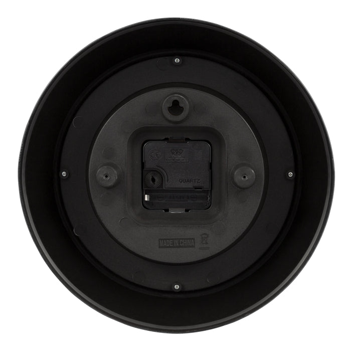 Back image of the image of the 404-3624B 9.5-inch Diner Wall Clock showing the battery compartment, quartz movement, and the hanging hole.