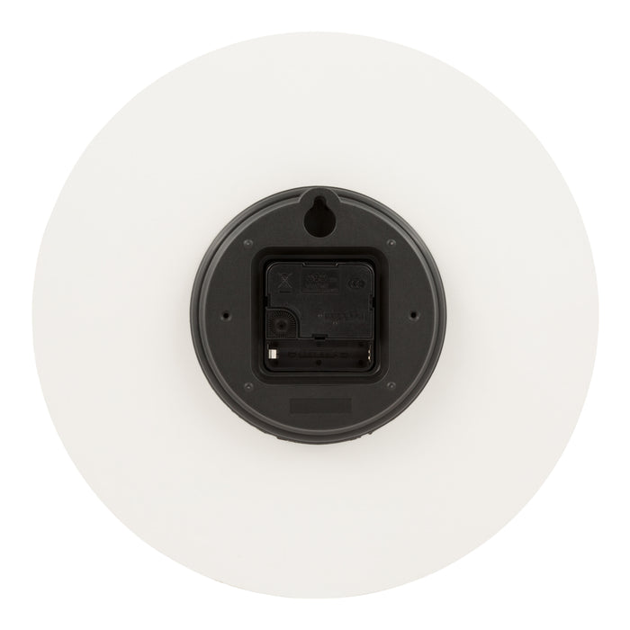 Image of the back of the 404-3630B 12-inch Sierra Wood Wall Clock – White, showing the quartz movement and the battery compartment.