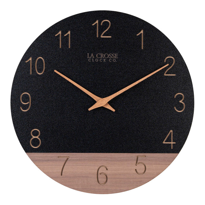 Head-on image of the 404-3630C 12-inch Sierra Wood Wall Clock - Black, the clock features a black and wood split design open-face dial, with laser cut numbers, and wood hour and minute hands.
