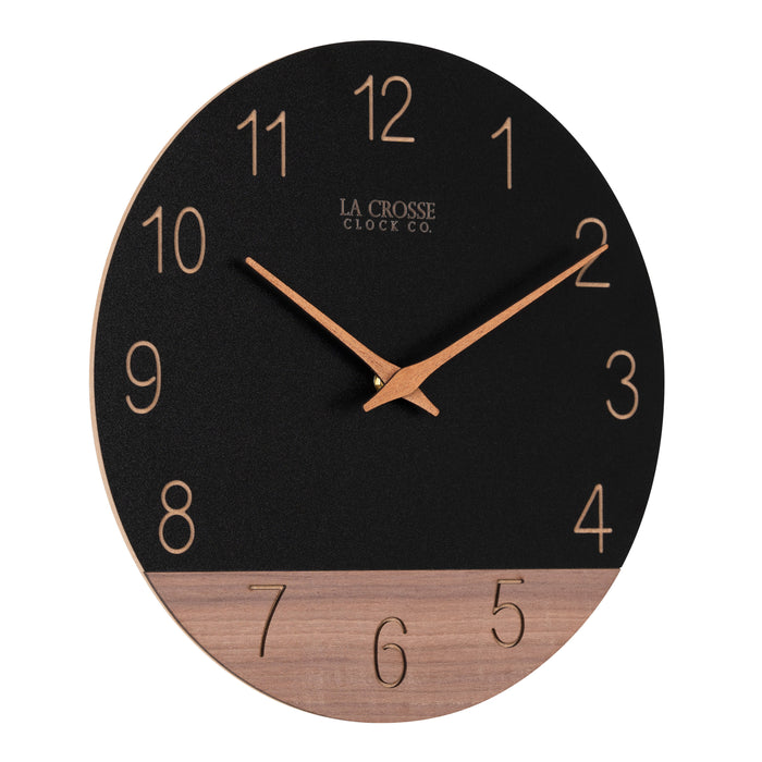 Right-facing image of the 404-3630C 12-inch Sierra Wood Wall Clock - Black, the clock features a black and wood split design open-face dial, with laser cut numbers, and wood hour and minute hands.