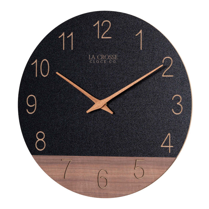 Left-facing image of the 404-3630C 12-inch Sierra Wood Wall Clock - Black, the clock features a black and wood split design open-face dial, with laser cut numbers, and wood hour and minute hands.