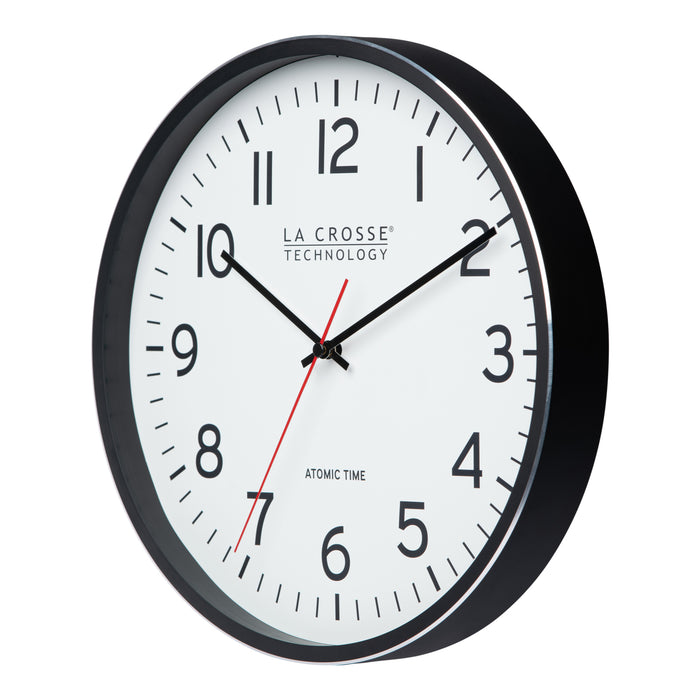404-3730 La Crosse Technology wall clock with black frame and white face on a white background