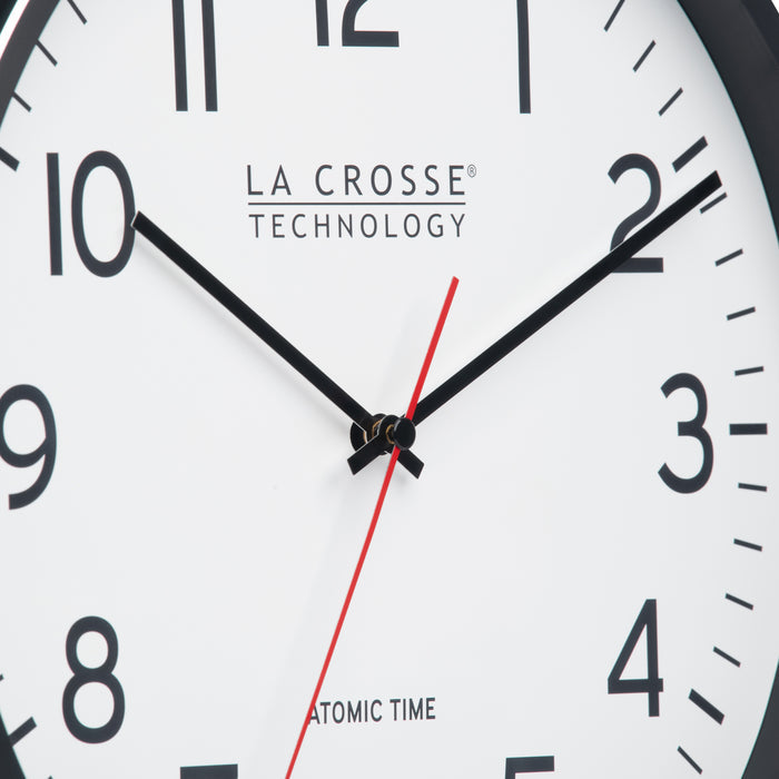 404-3730 La Crosse Technology clock with black and red hands on a white background