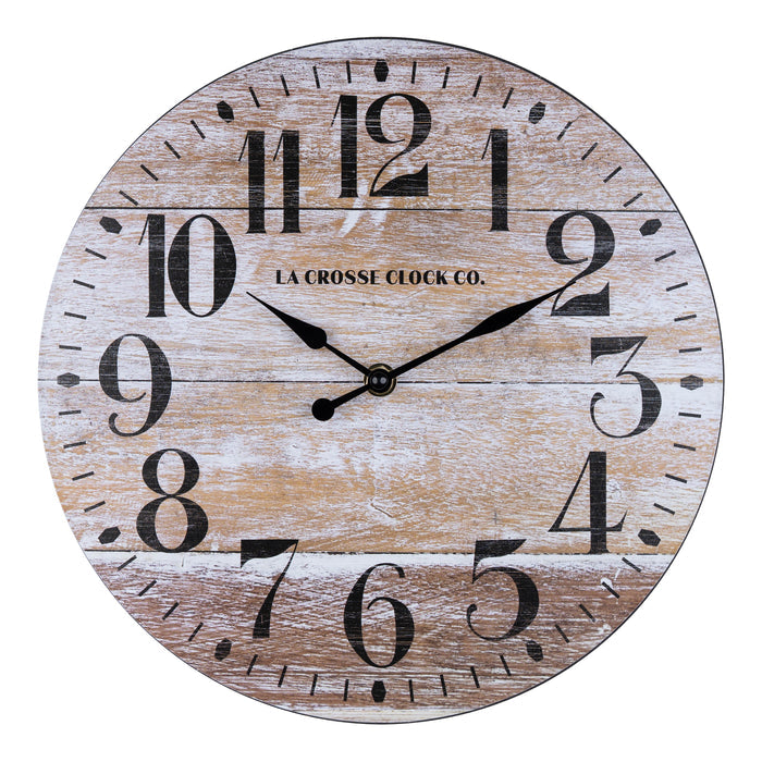 Head on image of the Whitman 404-3828K 11 inch open face wall clock with a weathered wood design dial with black numbers and metal hands