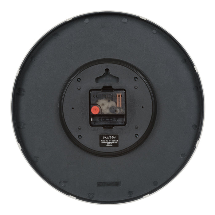 Back image of the silenet sweep quartz movement, battery compartment, and hanging hole of the 404-3841 12-inch Paxton Wall Clock.