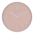 Head-on image of the 404-3831P 12-inch Paxton Wall Clock - Peach, with Silent Sweep, featuring a flush-mount peach frame, a matching color dial, white raised numbers, and white metal hour, minute, and second hands.