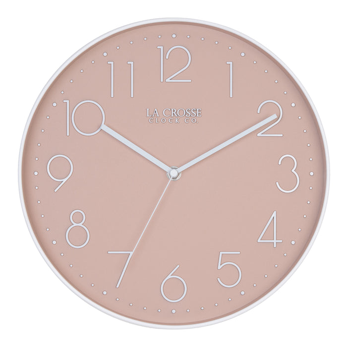 Head-on image of the 404-3831P 12-inch Paxton Wall Clock - Peach, with Silent Sweep, featuring a flush-mount peach frame, a matching color dial, white raised numbers, and white metal hour, minute, and second hands.