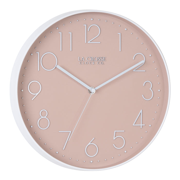 Right-facing image highlighting the buttons of the 404-3831P 12-inch Paxton Wall Clock - Peach, with Silent Sweep, featuring a flush-mount peach frame, a matching color dial, white raised numbers, and white metal hour, minute, and second hands.