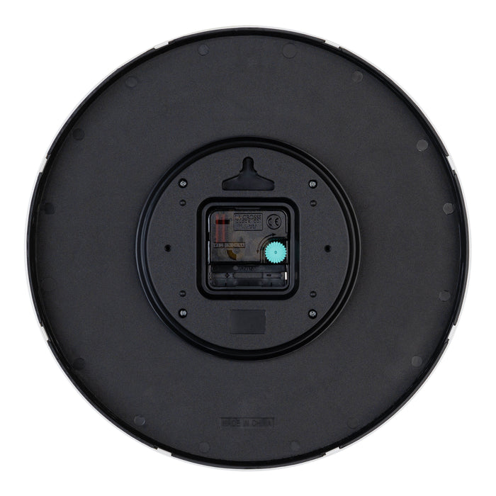 Back image of the 404-3831P 12-inch Paxton Wall Clock - Peach, with Silent Sweep, showing the battery compartment, the quartz movement, and the hanging hole.