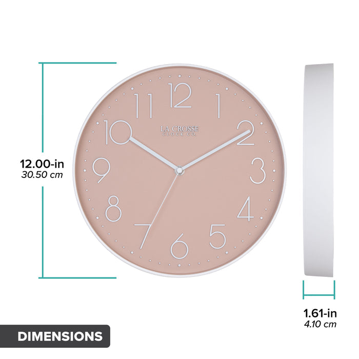 Orthographic image of the 404-3831P 12-inch Paxton Wall Clock - Peach, with Silent Sweep, featuring a flush-mount peach frame, a matching color dial, white raised numbers, and white metal hour, minute, and second hands. The diameter is 12 inches, and the depth is 1.61 inches.
