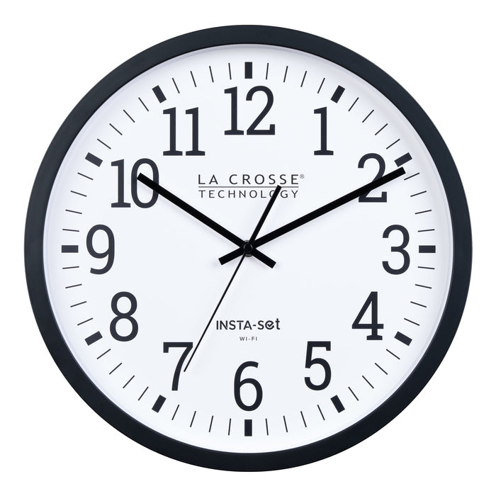 Head-on image of the 404-3836 Insta-Set Wi-Fi Wall Clock for iOS users. The clock features a black flush-mount frame, a white dial with black numbers, and black hands.