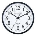 Head-on image of the 404-3836 Insta-Set Wi-Fi Wall Clock for iOS users. The clock features a black flush-mount frame, a white dial with black numbers, and black hands.