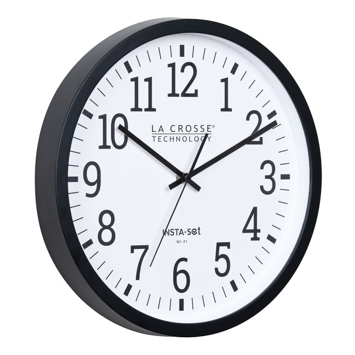 Right-facing view of the 404-3836 Insta-Set Wi-Fi Wall Clock for iOS users. The clock features a black flush-mount frame, a white dial with black numbers, and black hands.