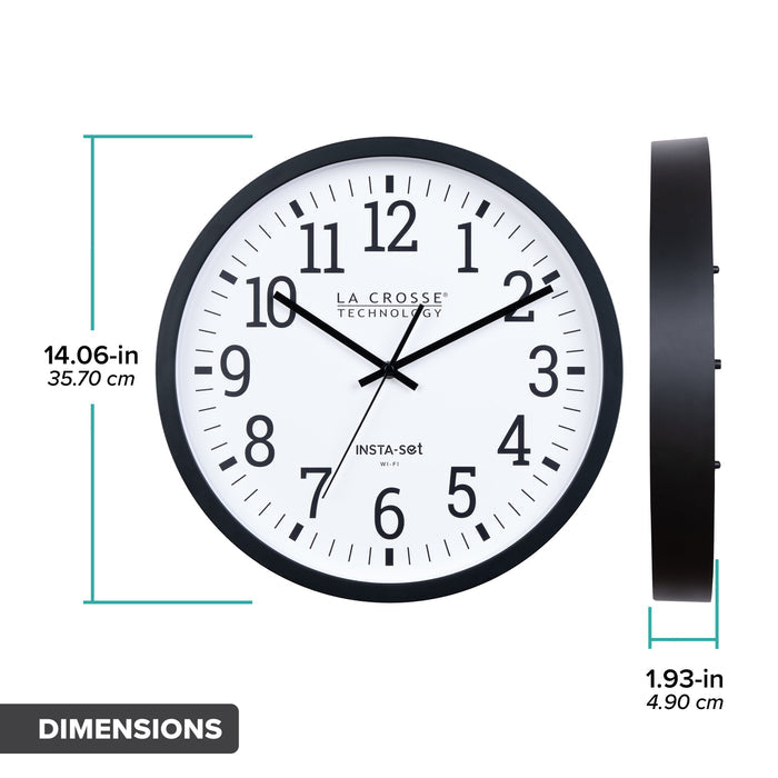Dimension image of the 404-3836 Insta-Set Wi-Fi Wall Clock showing a head-on view with text dimension 14.06 inches in diameter and a side view showing 1.93 inches in depth