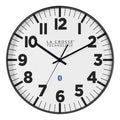 Head-on image of the 404-4536 14.2-inch Insta-Set Wall Clock with Bluetooth® Technology the clock features a white dial with bold black numbers and markings, a black flush-mount frame, and black hands.