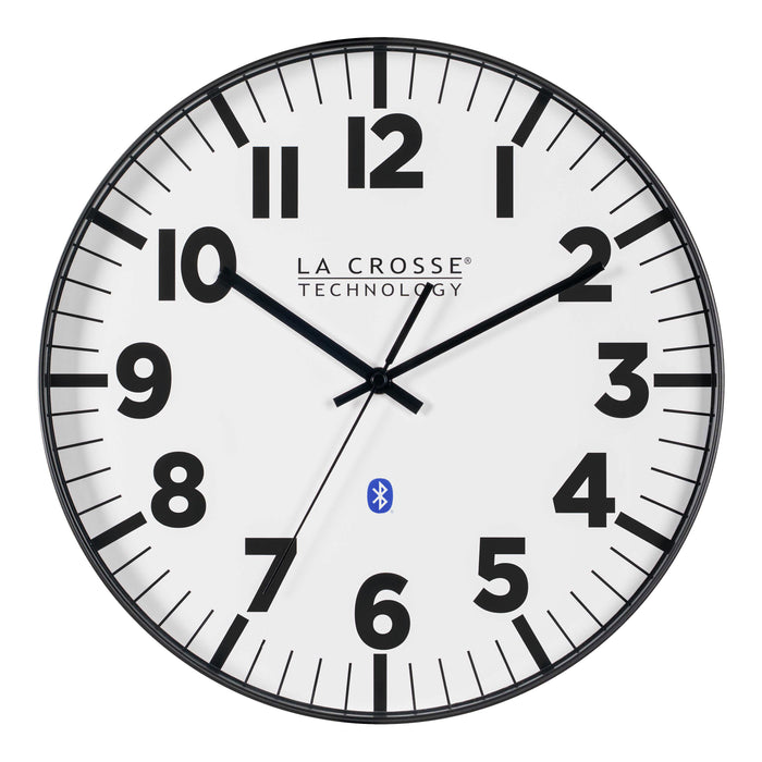 Head-on image of the 404-4536 14.2-inch Insta-Set Wall Clock with Bluetooth® Technology the clock features a white dial with bold black numbers and markings, a black flush-mount frame, and black hands.