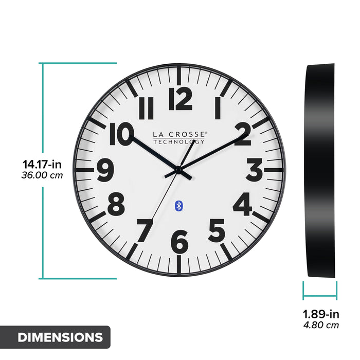 Dimension image in inches and centimeters of the 404-4536 14.2-inch Insta-Set Wall Clock with Bluetooth® Technology the clock features a white dial with bold black numbers and markings, a black flush-mount frame, and black hands measuring 14.17 in in diameter and 1.89 in in depth.