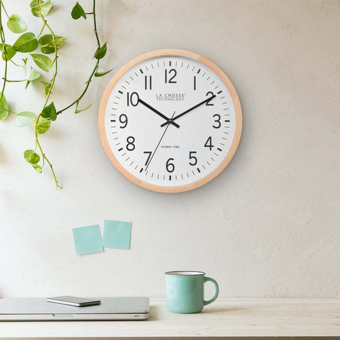 404-53707 12.8-inch Atomic Wood Wall Clock – Beech Wood