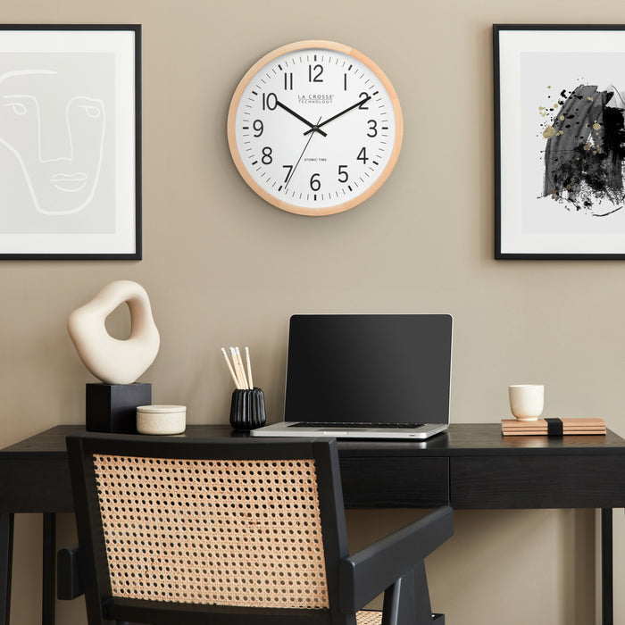 404-53707 12.8-inch Atomic Wood Wall Clock – Beech Wood