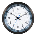 Head-on image of the 404-54667 10-inch Atomic Metal Wall Clock with Blue Chapter Ring. The clock features a black stainless steel frame with a blue chapter ring and raised seconds indicators, surrounding a white dial with black numbers, metal hands, and a blue accent second hand.