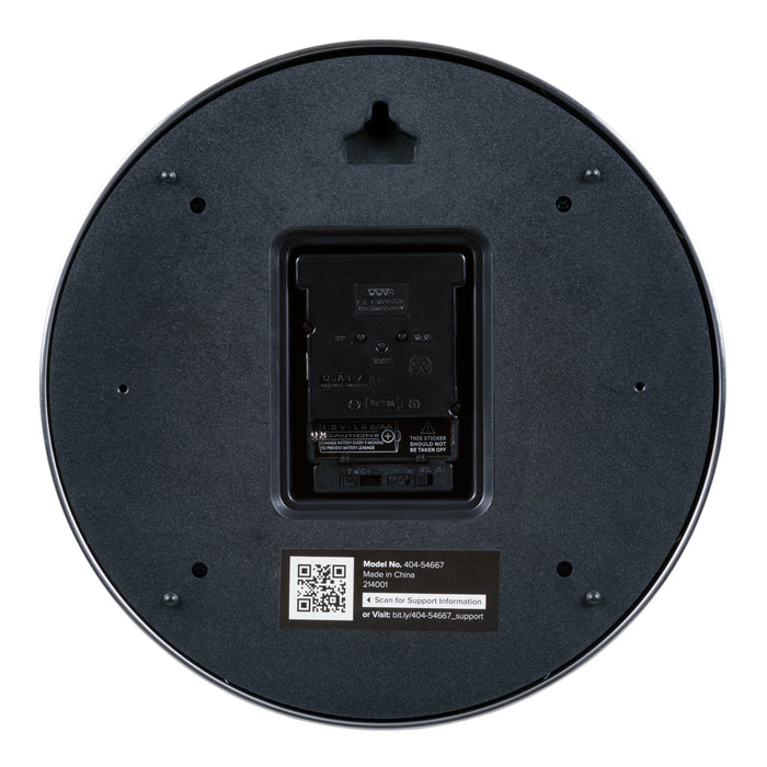 Back image of the 404-54667 10-inch Atomic metal Chater Ring Wall Clock showing the battery compartment, atomic quartz movement, and the hanging hole.