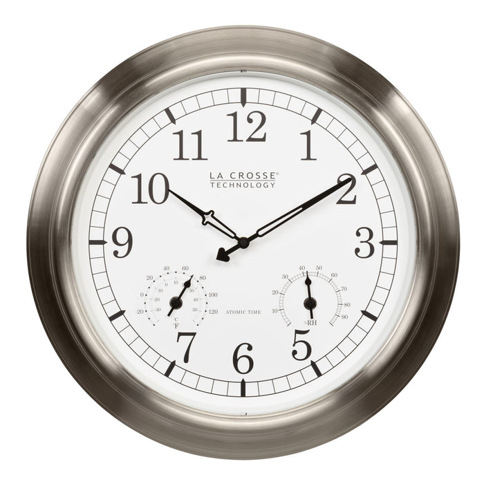 404-80017 17.9-inch Indoor/Outdoor Atomic Analog Wall Clock – Stainless Steel