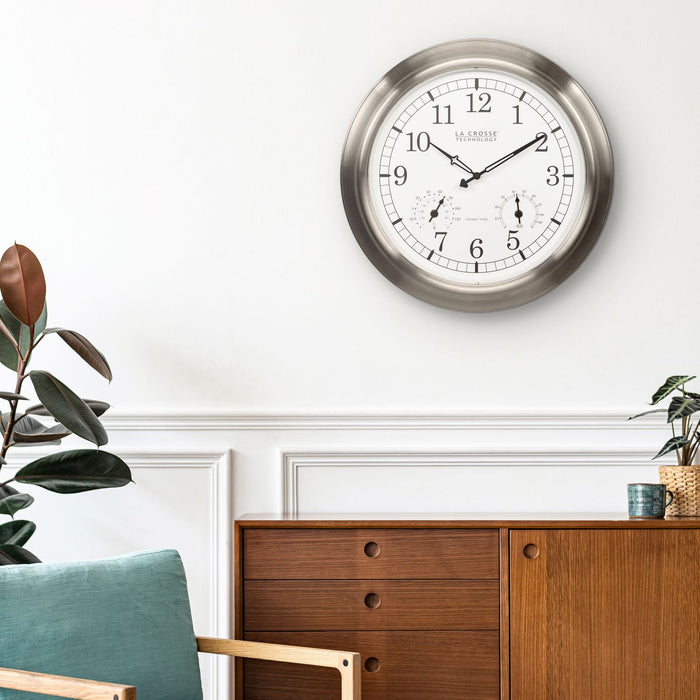 404-80017 17.9-inch Indoor/Outdoor Atomic Analog Wall Clock – Stainless Steel