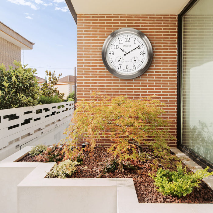 404-80017 17.9-inch Indoor/Outdoor Atomic Analog Wall Clock – Stainless Steel
