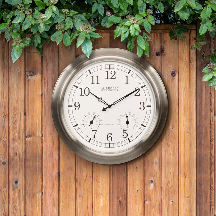 404-80017 17.9-inch Indoor/Outdoor Atomic Analog Wall Clock – Stainless Steel